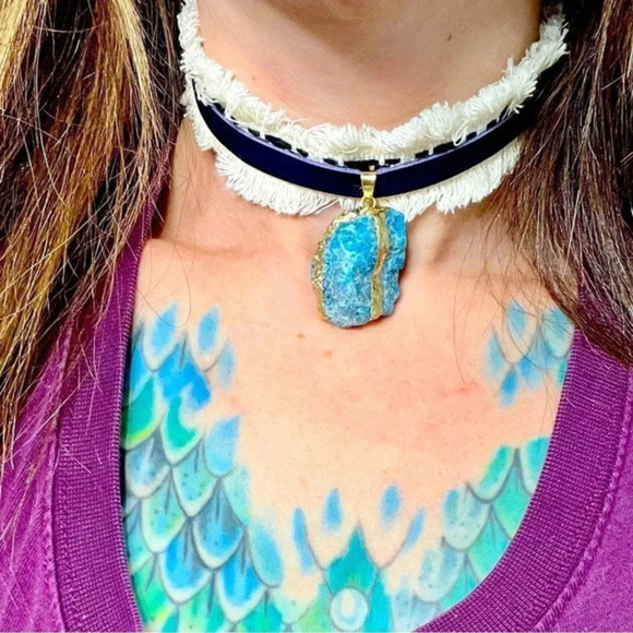 Hand Crafted Jewelry - New Leather and Fringe Choker with a Blue Apatite Pendant
